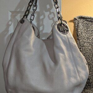 MICHAEL KORS FULTON SHOULDER HANDBAG TAUPE LEATHER SILVER HARDWARE